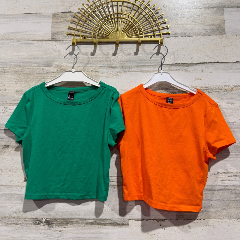Crop Top 2pk Women S Green Orange Short Sleeve Basic Streetwear EUC